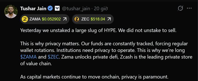 A tweet from Tushar Jain (@tushar_jain) discussing crypto positions, showing ZAMA at $0.052902 and ZEC at $18.04, explaining why they're long Zama and Zcash for privacy.