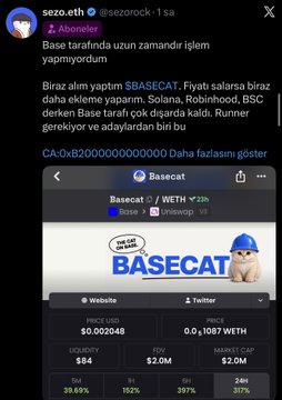 A Turkish tweet by sezo.eth shows a Base network meme token called BASECAT with a 232% price increase, featuring a cat in a blue hard hat logo, with metrics like $0.002048 price, $4.4 liquidity, and $2.0M FDV, illustrating the "8X in 1 hour" gain mentioned in the caption.