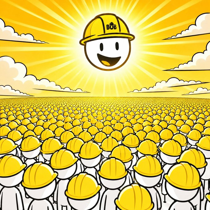 A cartoon illustration shows a vast crowd of construction workers wearing yellow hard hats, all looking up at a giant smiling emoji-like figure wearing a "BOB" hard hat, set against a radiant sunburst sky—symbolizing the $BOB community rallying together as a unified "movement built by the community."