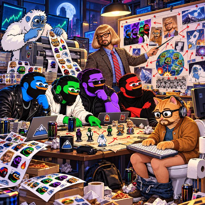 A colorful, chaotic digital illustration depicting a meeting with a human pointing at a conspiracy-style board, surrounded by figures in colorful masks, a yeti, and an anthropomorphic cat working at a keyboard.