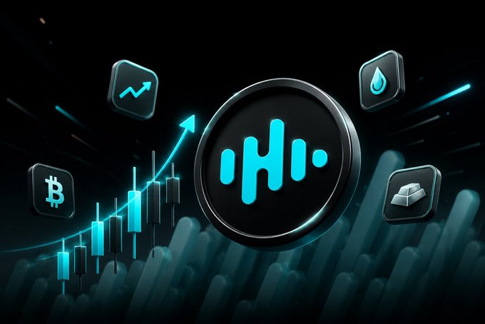 A dark digital/financial graphic featuring a central circular logo with a teal stylized icon, surrounded by candlestick charts, a Bitcoin symbol, an upward trending arrow, and icons for gold bars and a water/liquidity drop.