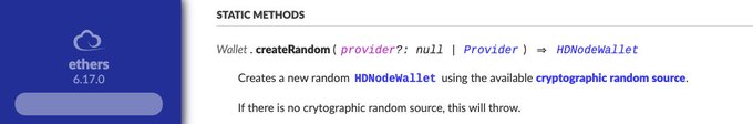 Documentation for the ethers.js library (version 6.17.0) showing the static method Wallet.createRandom() which creates a new random HDNodeWallet using the available cryptographic random source.