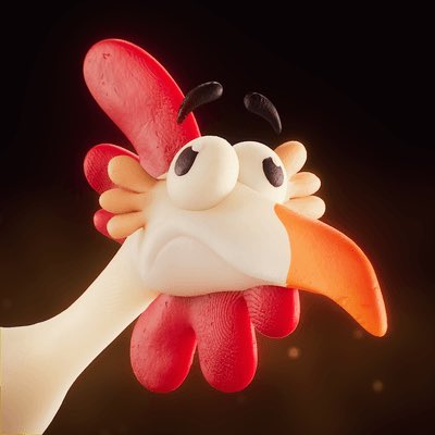 A 3D-rendered stylized chicken or rooster character with an orange beak, red comb, and a hand-like body against a dark background.