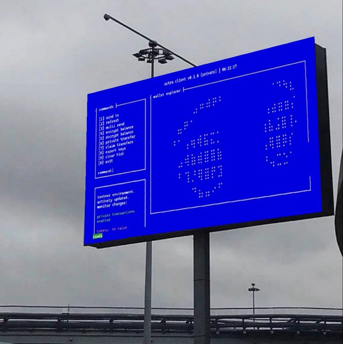 A blue screen on an outdoor display showing the text 'extra clean v0.2.0 [oisuvex] | 00:11:17' alongside a 'wallet explorer' menu listing commands and transactions, with a 'Command not valid' error message.