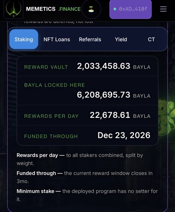 A screenshot from MEMETICS.FINANCE showing a staking dashboard with a Reward Vault of 2,033,458.63 BAYLA, 6,208,695.73 BAYLA locked, and 22,678.61 BAYLA rewards per day funded through Dec 23, 2026.