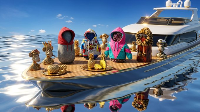 A group of anthropomorphic figures wearing colorful hoodies and sunglasses stand on the deck of a white yacht, surrounded by pineapples and bananas, floating on calm blue water under a clear sky.