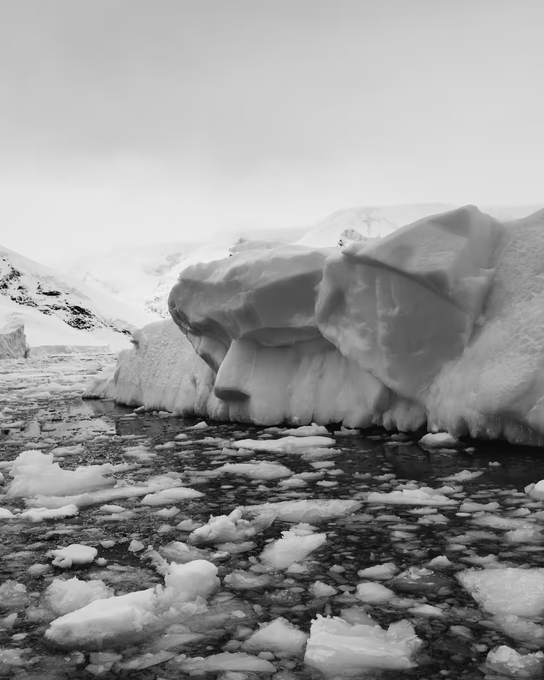 A black and white photograph of a massive iceberg floating in icy waters with scattered chunks of ice in the foreground and snow-covered mountains in the misty background.