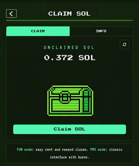 A pixel-art style 'CLAIM SOL' interface showing an unclaimed balance of 0.372 SOL with a green treasure chest graphic and a 'Claim SOL' button.