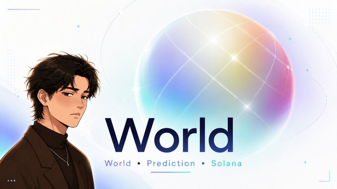 A promotional banner for 'World' showing an anime-style male character on the left beside a colorful iridescent sphere, with the subtitle 'World • Prediction • Solana'.