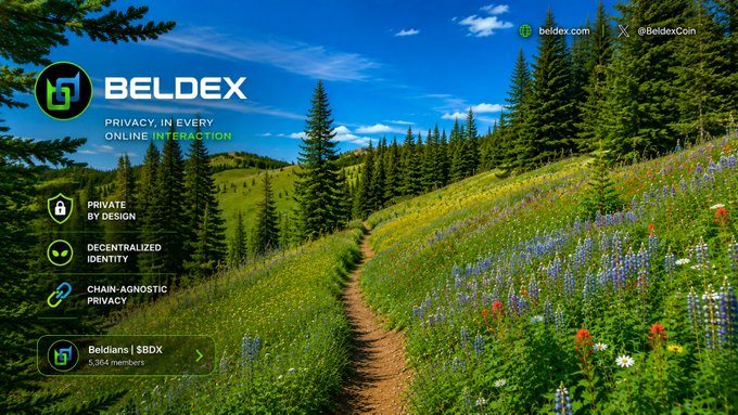 The image is a promotional graphic for Beldex (BELDEX), featuring a scenic mountain meadow with a winding path and the tagline "PRIVACY, IN EVERY ONLINE INTERACTION," highlighting features like "Private by Design," "Decentralized Identity," and "Chain-Agnostic Privacy" with 5,364 Beldexians ($BDX). It visually reinforces the post's message that Beldex's browser integrates privacy tools like BelNet seamlessly without requiring extra setup, making privacy effortless and unobtrusive.