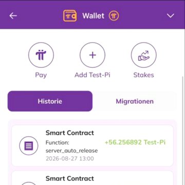 The image shows a Pi Wallet interface with a "Smart Contract" entry displaying the function `server_auto_release` and an amount of +56.256892 Test-Pi, directly illustrating the new smart contract visibility feature highlighted in the post.