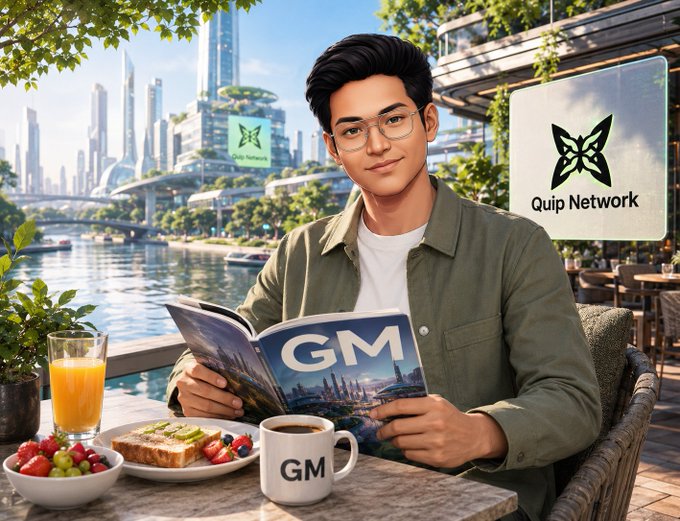A digital illustration of a young man with glasses sitting at an outdoor cafe table, holding a magazine with "GM" on the cover, with "Quip Network" branding visible.