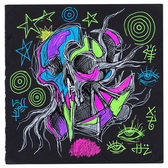 A vibrant neon-colored skull illustration on black background, featuring electric blue, magenta, green, and purple tones with cross-hatched shading, surrounded by mystical symbols including stars, eyes, circles, and abstract sigils—matching the post's "Electric Skull" title promoting it as AI art NFT on the IM Collectibles marketplace.