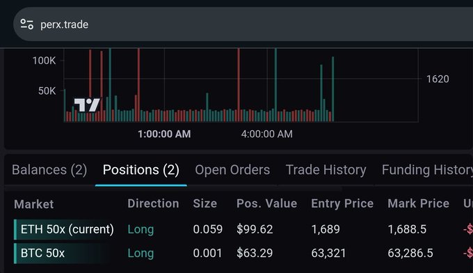 The image shows a trade dashboard for a cryptocurrency trading platform, where users can view market data and positions. The image also contains text that talks about the Nomisma ecosystem hosting a masterclass in network effects, which seems relevant to the image's context. This post provides information on how @perx_trade is drawing in thousands of users with risk-free testnet perp trading, while @NomismaNetwork is backing up their system by offering a $100k USDC reward pool through a 90 day campaign. The focus should be on what the image displays and its relation to the post.