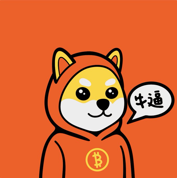 A cartoon dog character with a yellow face wears a red hoodie featuring a Bitcoin 'B' logo, with a speech bubble containing the Chinese characters '卡通'.
