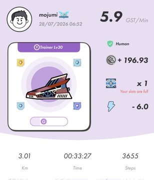 A StepN app screenshot showing a running session on 28/07/2026 with 3.01 km completed in 00:33:27, earning 5.9 GST/Min and a 6.0 energy sneaker sneaker.