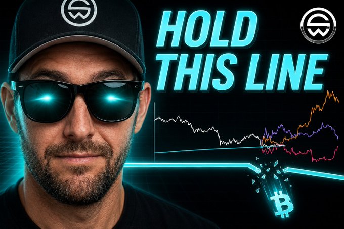 A stylized thumbnail features a man in sunglasses with glowing cyan lenses next to bold text reading "HOLD THIS LINE," accompanied by colorful line charts and a shattered Bitcoin (₿) logo. The imagery visually reinforces the post's focus on Bitcoin's 200-week moving average break, urging viewers to "stack" and hold through the critical support level.