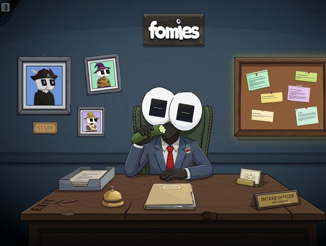 An animated cartoon scene labeled 'fomies' shows a character with large square eyes in a suit sitting at a desk marked 'INTAKE OFFICER', drinking from a green bottle, with staff photos and a bulletin board in the background.