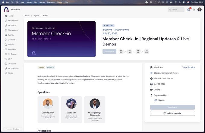 An Arc House platform event page shows 'Member Check-In | Regional Updates & Live Demos' scheduled for July 22, 2026, with speakers Jerry Oyumah, Carlos XBT, and Olusegphemiga Gbenedjobi.