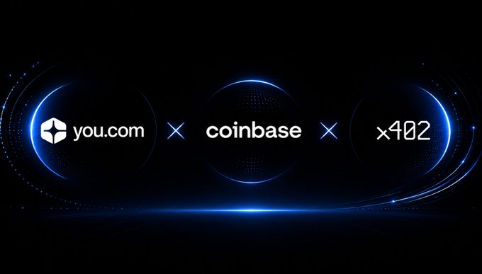 A dark blue digital graphic announcing a partnership or collaboration between you.com, Coinbase, and x402, separated by 'x' symbols with glowing circular accents.
