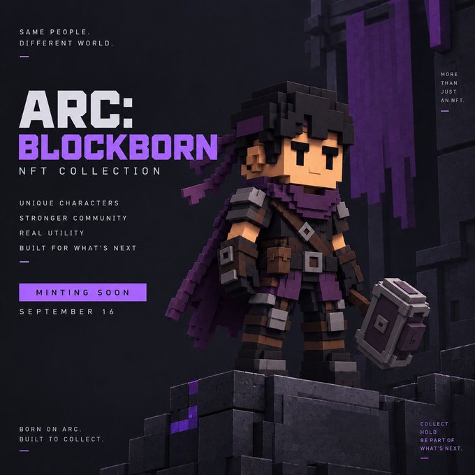 Promotional artwork for 'ARC: BLOCKBORN NFT COLLECTION' features a voxel-style character in purple and black armor holding a hammer, with text stating 'MINTING SOON SEPTEMBER 16' and 'MORE THAN JUST AN NFT'.