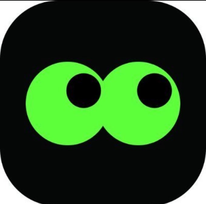 A black app icon featuring two bright green circles resembling eyes or an infinity symbol.
