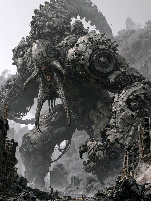 A massive, grotesque mechanical or biomechanical monster with tentacles and large circular joints towering over a ruined, smoke-filled cityscape.