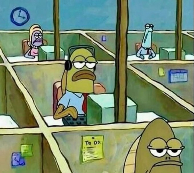 A SpongeBob SquarePants meme showing Homer Simpson working in a cubicle among other tired-looking fish characters.
