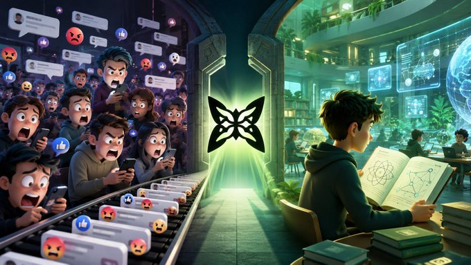 The image depicts a split scene showing angry people scrolling through social media comment sections on the left, contrasted with a calm individual reading a book in a peaceful library on the right, with a butterfly symbol glowing between them representing transformation. It visually illustrates the post's message about breaking free from echo chambers and biased timelines to seek original, clear information from sources like @quipnetwork.