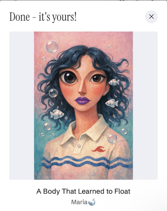 A digital illustration of a girl with curly dark hair, large eyes, and purple lips, surrounded by bubbles and small fish, titled 'A Body That Learned to Float' by Maria, shown on a 'Done - it's yours!' interface.
