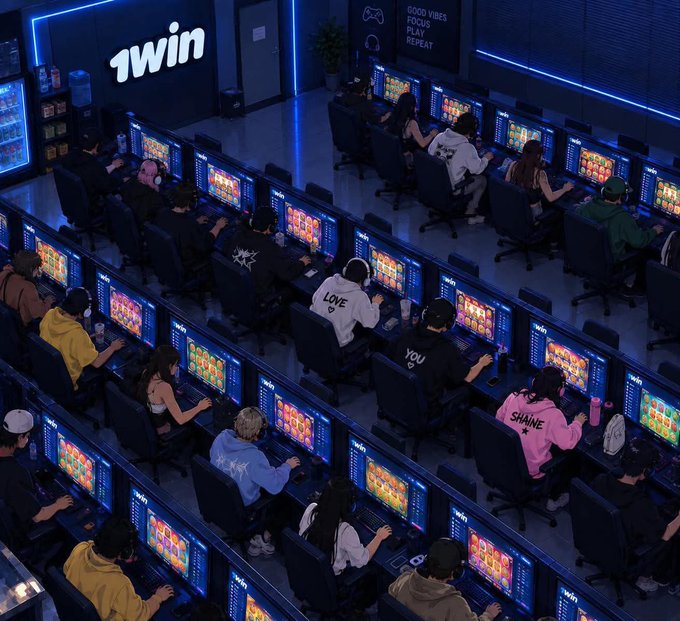 An overhead view of a gaming arcade or center labeled '1win' where numerous patrons sit at rows of computer stations with glowing screens.
