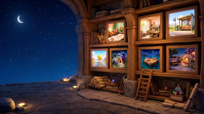 A fantasy illustration of a stone archway at night with a crescent moon, leading to a wooden shelf displaying framed pictures of various cozy scenes like kitchens, rooms, and landscapes.