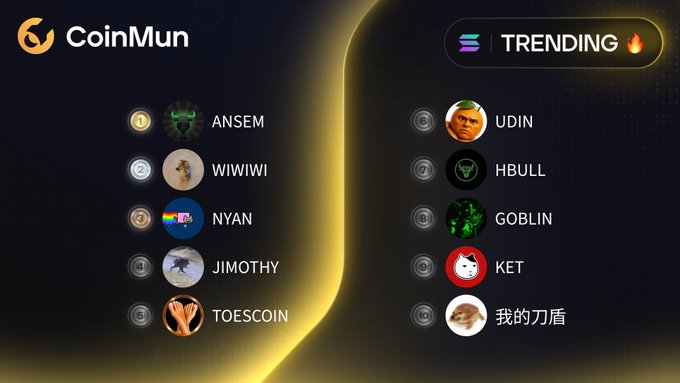 The image shows a trending list from CoinMun featuring the top 10 trending Solana meme coins, including $ANSEM, $WIWIWI, $NYAN, $JIMOTHY, $TOESCOIN, $UDIN, $HBULL, $GOBLIN, $KET, and #我的刀盾, with a background image of a smiling bearded man in a hospital bed with medical equipment, likely referencing the viral hospital meme associated with some of these tokens.