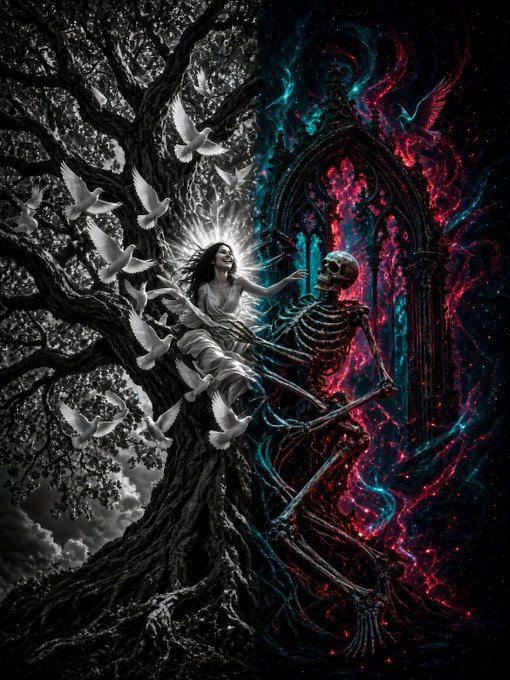 A dramatic, dark fantasy illustration split into two halves: on the left, a woman in white sits in a tree surrounded by white doves in grayscale; on the right, a skeleton sits in front of a gothic archway with swirling red and blue energy.