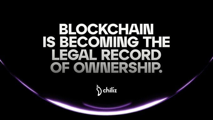 A sleek black graphic featuring the bold white text "BLOCKCHAIN IS BECOMING THE LEGAL RECORD OF OWNERSHIP," accented by a glowing purple arc at the bottom, with the Chiliz logo centered below—visually reinforcing the post's announcement about the SEC's proposal to recognize blockchains as the official legal record for tokenized share ownership.