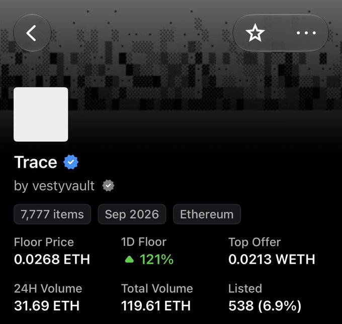 A dark-themed digital marketplace interface for an NFT collection named 'Trace' by vestyyvault, displaying a floor price of 0.0268 ETH and a 1D floor increase of 121%.