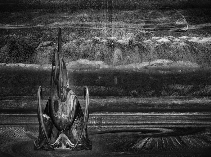 A black and white monochromatic digital artwork depicting a surreal metallic structure with wings in a desolate landscape under a cloudy sky.
