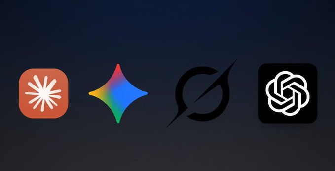A row of four AI assistant logos displayed on a dark background: Claude (orange), a colorful diamond/sparkle logo, a black stylized 'S' logo, and ChatGPT (black and white knotted design).