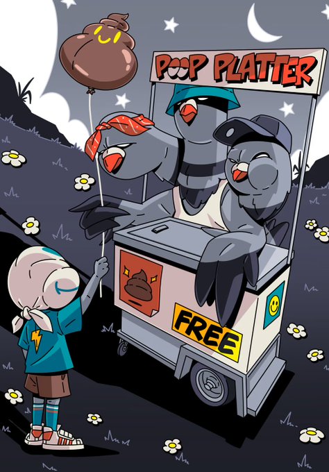 A cartoon-style illustration of a child holding a poop-shaped balloon at night, standing before a food cart run by pigeons labeled 'POOP PLATTER' and 'FREE'.