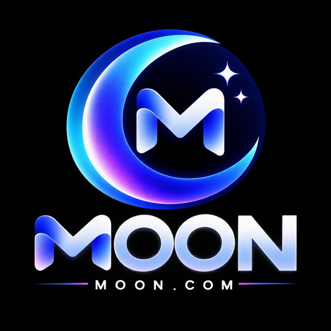 A logo for 'MOON.COM' featuring a stylized white 'M' inside a glowing blue crescent moon shape against a black background.