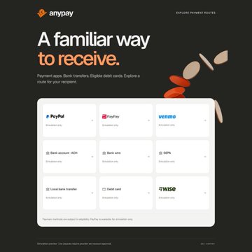 A promotional webpage for "anypay" with the headline "A familiar way to receive" displays options to redirect fees to PayPal, PayPal Business, Venmo, Bank account, Bank wire, Local bank transfer, Debit card, GPA, and Wise. The image illustrates the post's announcement of $ANYPAY's launch, showcasing its payment method integrations similar to $PAID.
