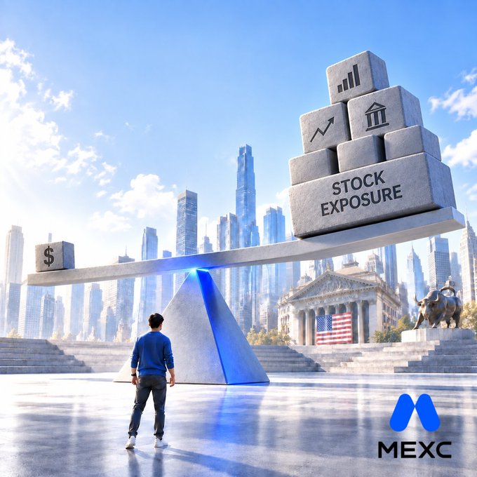 A conceptual digital illustration shows a person standing before a scale balancing a dollar sign block against a stack of blocks labeled 'STOCK EXPOSURE', with a city skyline, the New York Stock Exchange building, a bull statue, and the MEXC logo in the corner.