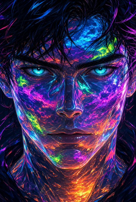 A vibrant digital artwork portrait of a man with glowing blue eyes and hair, his face painted with swirling neon colors of purple, pink, blue, and green.