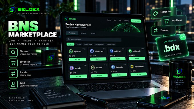 A promotional graphic for 'Beldex BNS Marketplace' showing a laptop displaying the platform for trading, transferring, and owning BNS names on Beldex.