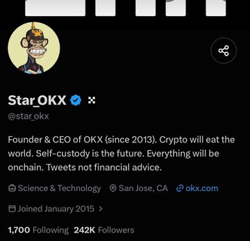 X (Twitter) profile page for 'Star.OKX' (@star_okx), identified as Founder & CEO of OKX since 2013, based in San Jose, CA, with 242K followers.