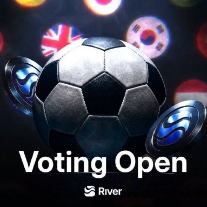 The image features a soccer ball with the words "Voting Open" written above it, along with some coins scattered around the soccer ball. The text also includes mentions of GM, River, and the World Cup Challenge.