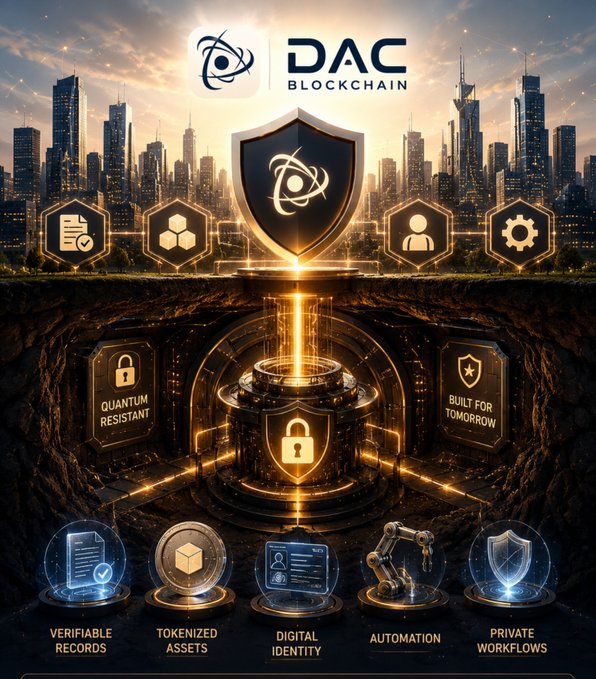 A promotional graphic for DAC Blockchain features a futuristic cityscape with a glowing shield logo, highlighting features like 'Quantum Resistant,' 'Built for Tomorrow,' 'Verifiable Records,' 'Tokenized Assets,' 'Digital Identity,' 'Automation,' and 'Private Workflows.'