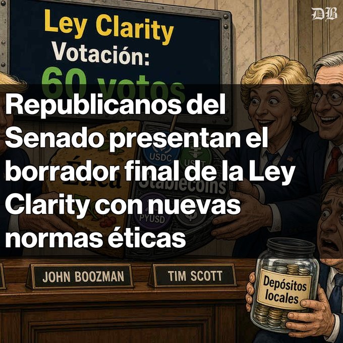 A political cartoon-style graphic with Spanish text 'Republicanos del Senado presentan el borrador final de la Ley Clarity con nuevas normas éticas' over an illustration of politicians holding a giant Bitcoin bag labeled with USDC, Stablecoins, and PYUSD, with nameplates reading 'JOHN BOOZMAN' and 'TIM SCOTT', and a jar labeled 'Depósitos locales'.
