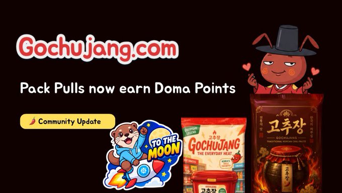 The image is a promotional graphic for Gochujang.com announcing that pack pulls now earn Doma Points, featuring the Gochujang.com logo, a "Community Update" tag, a cartoon otter character with "To the Moon" text, and two Gochujang hot sauce paste packages. It visually supports the post's message about domain ownership and pack rewards by showcasing the brand's products alongside playful characters that emphasize the fun, collectible nature of earning points (100 for normal packs, 200 for spicy packs) through Doma Protocol integration.