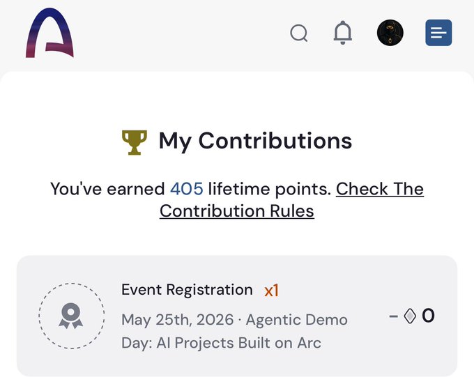 The image shows a screenshot of a website or app displaying information about an event registration for an architect. The main focus of the image is a message that reads "My Contributions" at the top, indicating that the user has earned points through their participation in the event. There are also details about the event and its rules displayed on the screen.